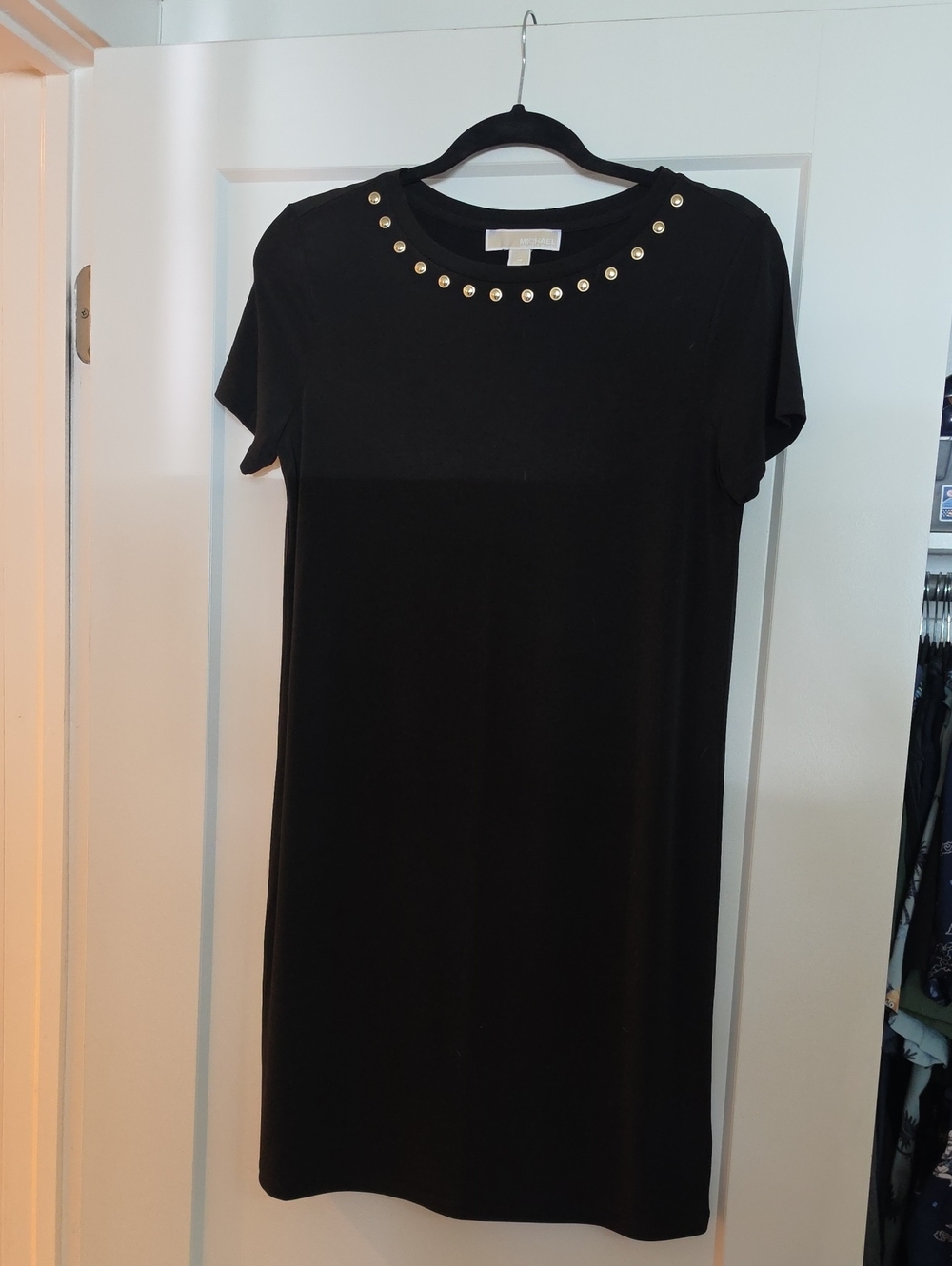 Michael Kors Black Swing Dress with Gold Stud Neckline